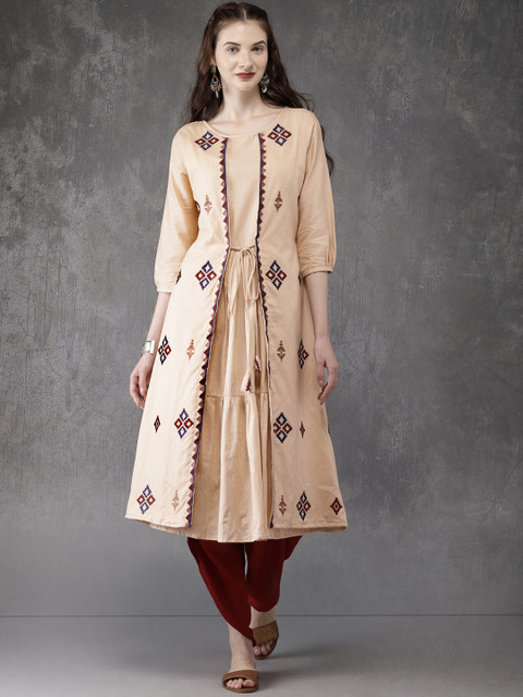 

Anouk Women Beige Embroidered A-Line Kurta