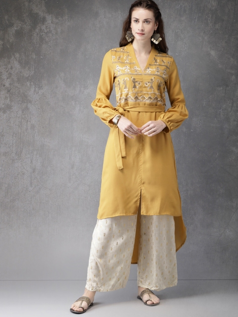 

Anouk Women Yellow Woven-Design Straight High-Low Kurta