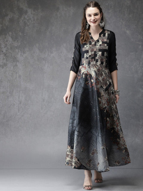 

Anouk Women Black & Grey Printed A-Line Kurta
