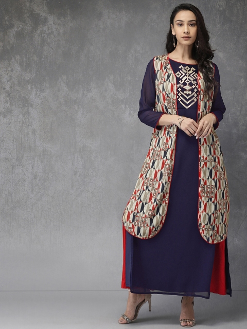 

Anouk Women Navy Blue & Beige Printed Straight Layered Kurta