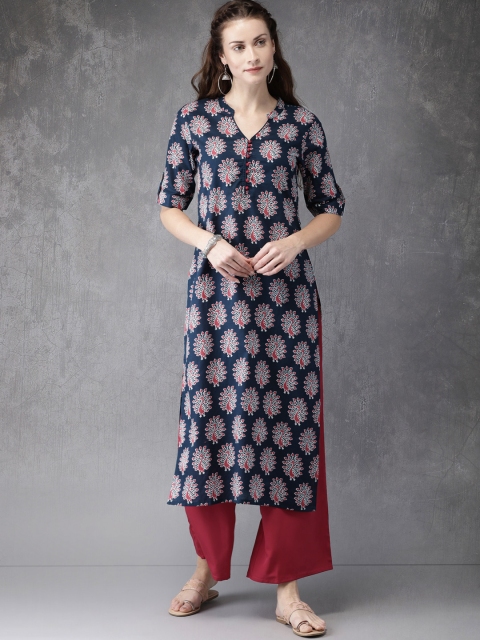 

Anouk Women Navy Blue & Pink Printed Kurta with Palazzos