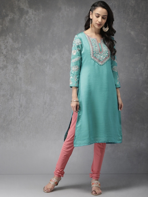 

Anouk Women Blue & Pink Embroidered Kurta with Churidar