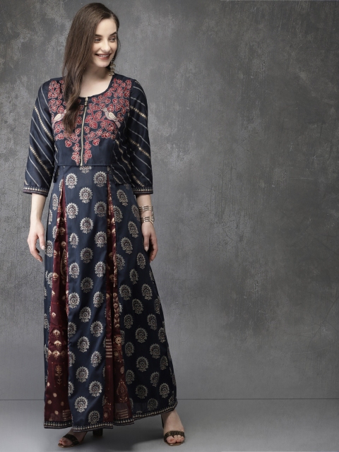 

Anouk Women Navy & Maroon Printed A-Line Kurta, Navy blue