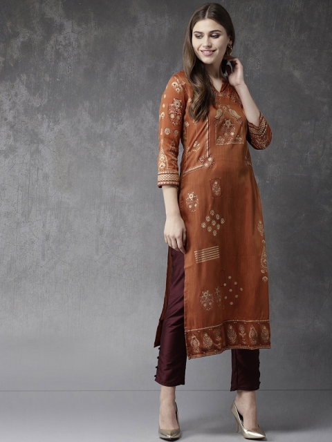 

Anouk Women Rust Orange & Burgundy Printed Kurta with Trousers