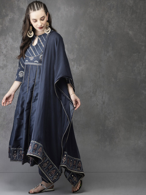 

Anouk Women Navy & Printed Kurta with Churidar & Dupatta, Navy blue