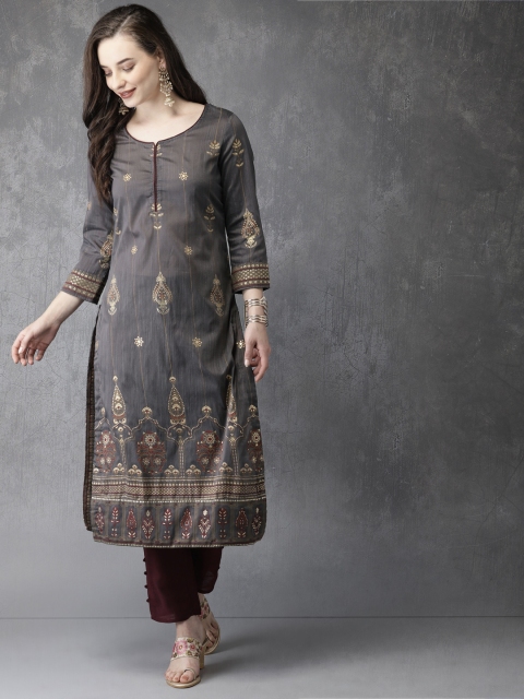 

Anouk Women Grey & Burgundy Printed Kurta with Trousers