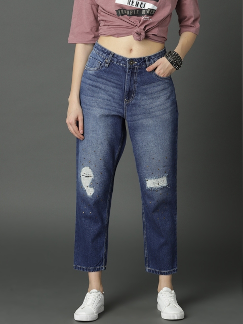

Roadster Women Blue Boyfriend Fit Mid-Rise Embellished Mildly Distressed Cropped Jeans