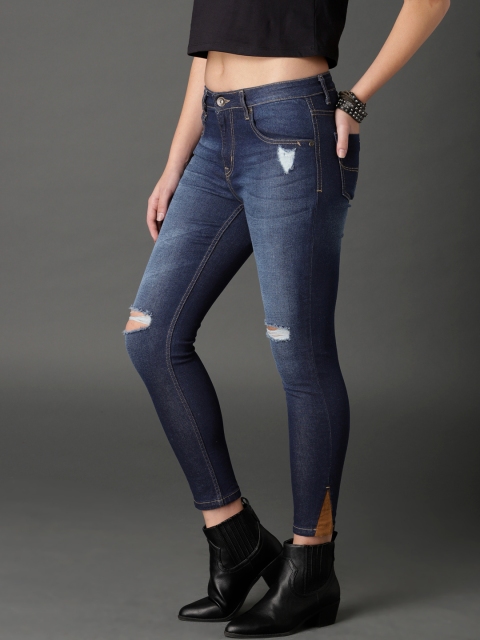 

Roadster Women Dark Blue Skinny Fit Mid-Rise Mildly Distressed Cropped Jeans