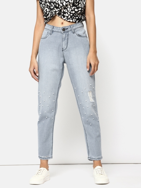 

Kook N Keech Women Blue Boyfriend Fit Mid-Rise Low Distress Embellished Cropped Jeans