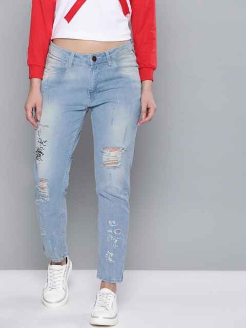 

Kook N Keech Women Blue Boyfriend Fit Mid-Rise Highly Distressed Stretchable Jeans