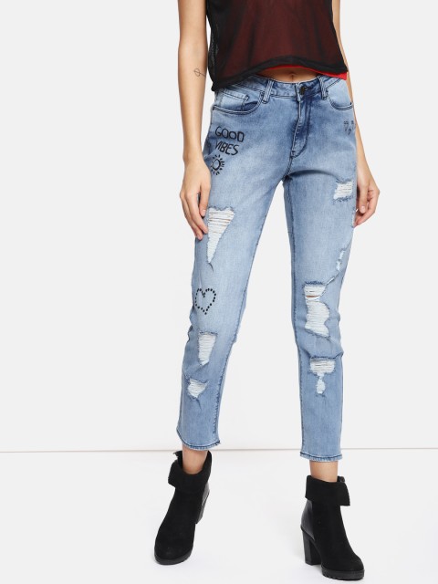 

Kook N Keech Women Blue Boyfriend Fit Mid-Rise Highly Distressed Stretchable Cropped Jeans