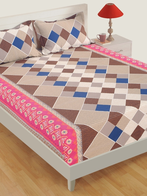 

SWAYAM Beige & Pink Geometric Flat 160 TC Cotton 1 King Bedsheet with 2 Pillow Covers