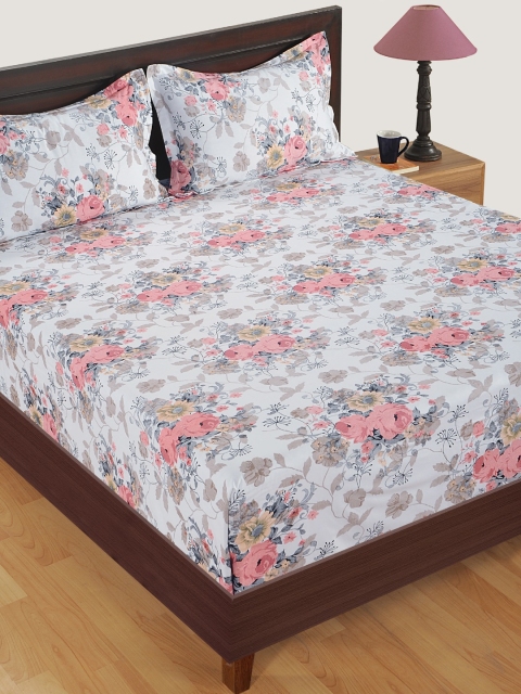 

SWAYAM Off-White & Peach-Coloured Floral Fitted 250 TC Cotton 1 Queen Bedsheet with 2 Pillow Covers