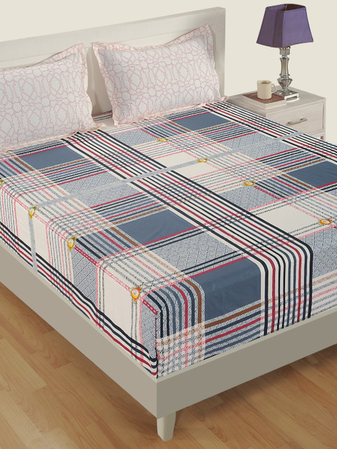 

SWAYAM Off-White & Blue Geometric Fitted 180 TC Cotton 1 King Bedsheet with 2 Pillow Covers