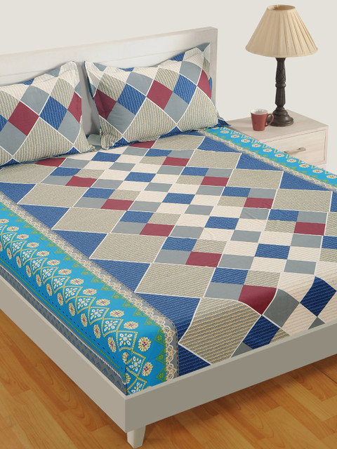 

SWAYAM Grey & Blue Geometric Flat 160 TC Cotton 1 Bedsheet with 2 Pillow Covers