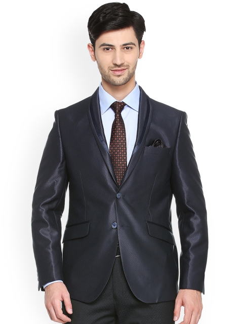 

V Dot Men Navy Blue Self-Design Slim Fit Blazer