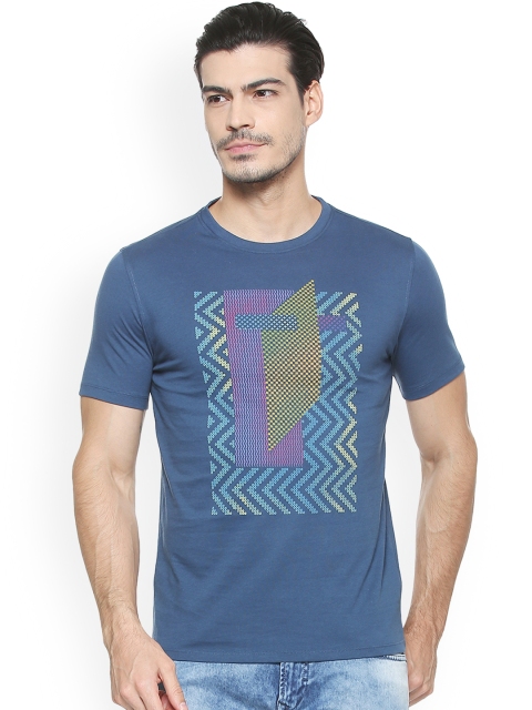 

V Dot Men Blue Printed Slim Fit Round Neck T-shirt