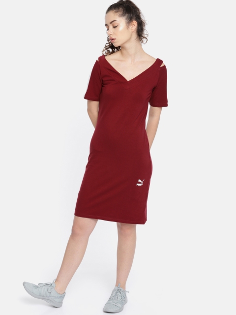

Puma Women Maroon Solid Classics T7 T-shirt Dress
