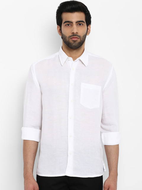 

ColorPlus Men White Tailored Fit Solid Linen Casual Shirt
