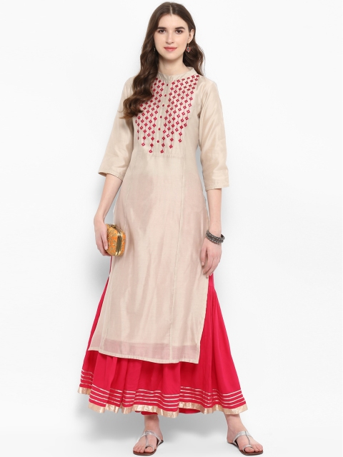 

Varanga Women Beige & Pink Embroidered Kurta with Palazzos