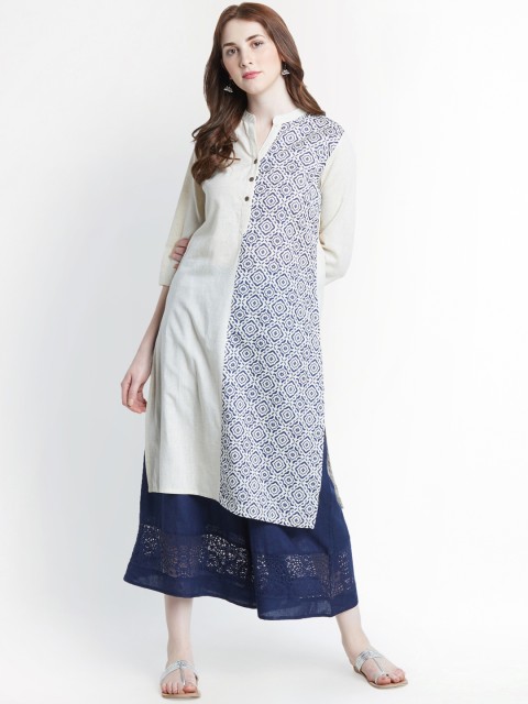 

RANGMANCH BY PANTALOONS Women Off-White & Navy Blue Printed A-Line Kurta