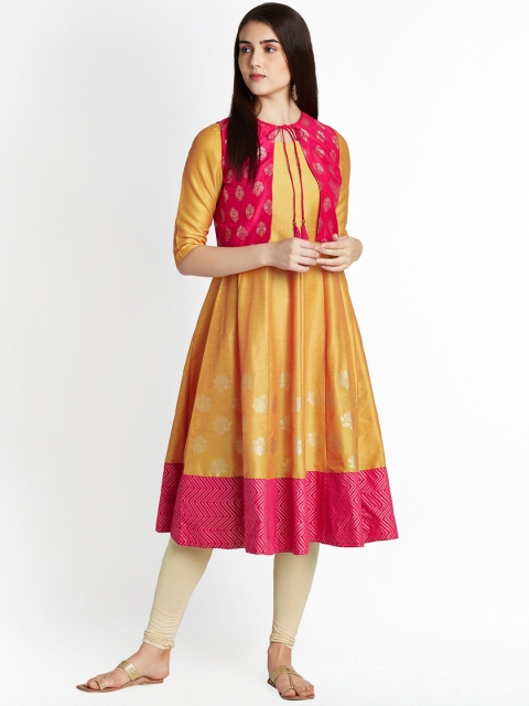 

RANGMANCH BY PANTALOONS Women Mustard & Pink Printed A-Line Kurta
