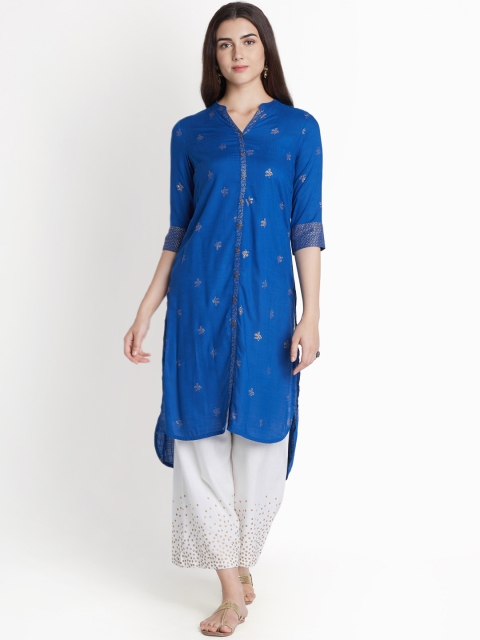 

RANGMANCH BY PANTALOONS Women Blue Woven Design Straight Kurta