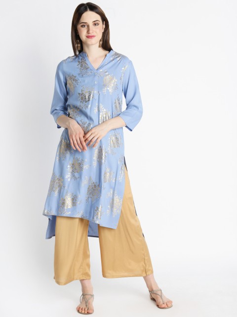 

RANGMANCH BY PANTALOONS Women Blue & Silver-Toned Printed Straight Kurta