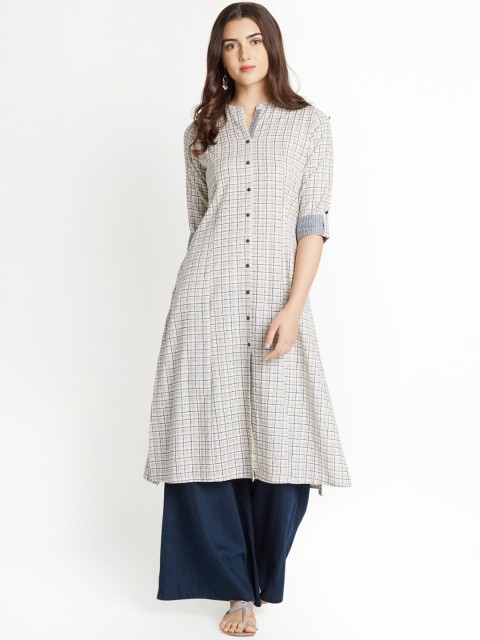 

RANGMANCH BY PANTALOONS Women Off-White Checked Straight Kurta