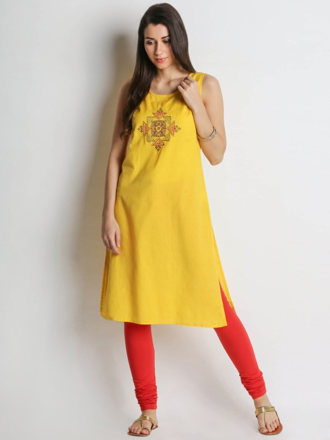 

RANGMANCH BY PANTALOONS Women Yellow & Pink Embroidered Straight Kurta