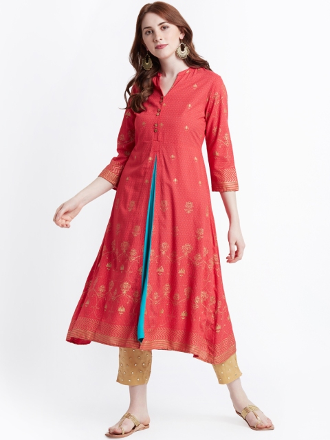 

RANGMANCH BY PANTALOONS Women Coral Pink Printed A-Line Kurta