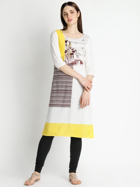 

RANGMANCH BY PANTALOONS Women Off-White & Yellow Printed Straight Kurta