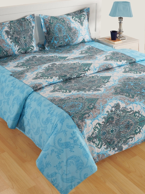 

SWAYAM Teal Green & White Cotton 160 TC Printed Bedding Set