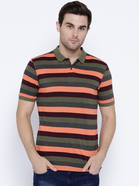 

Peter England Casuals Men Olive Green & Coral Orange Striped Polo Collar T-shirt