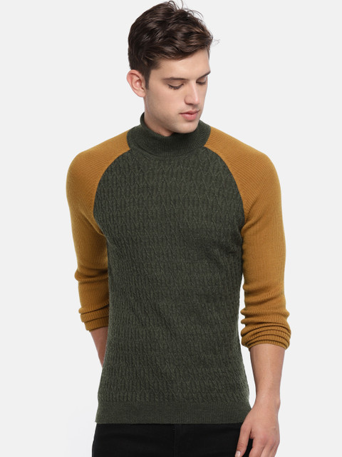

Peter England Men Grey & Mustard Yellow Self Design Woollen Pullover