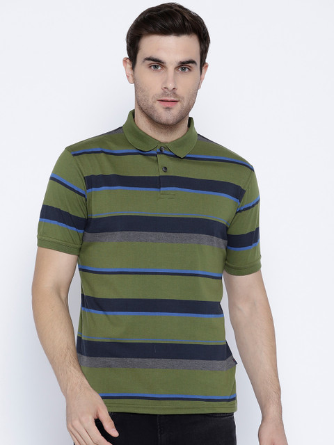 

Peter England Casuals Men Olive Green Striped Polo Collar T-shirt