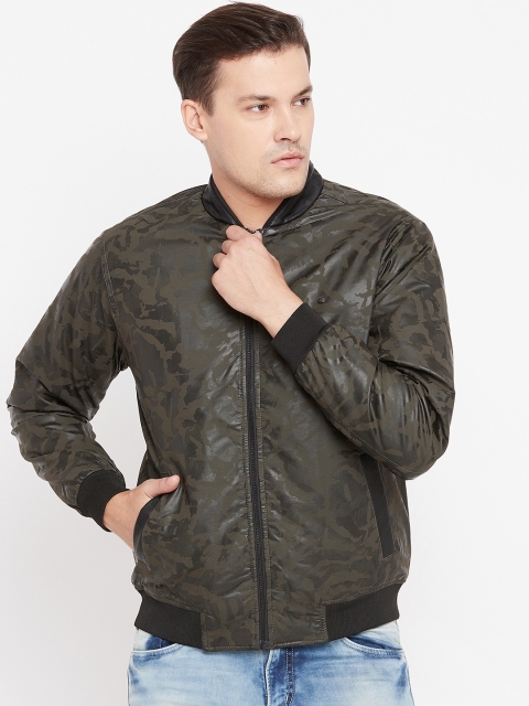 

Peter England Men Olive Green & Black Camouflage Print Biker Jacket