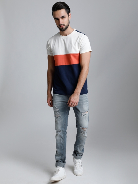 

DILLINGER Men Off-White Colourblocked Round Neck T-shirt