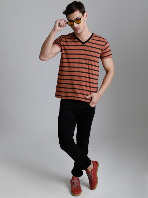 

DILLINGER Men Brown Striped V-Neck T-shirt
