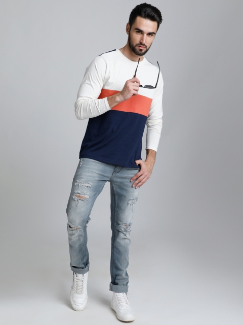 

DILLINGER Men Off-White Colourblocked Round Neck T-shirt