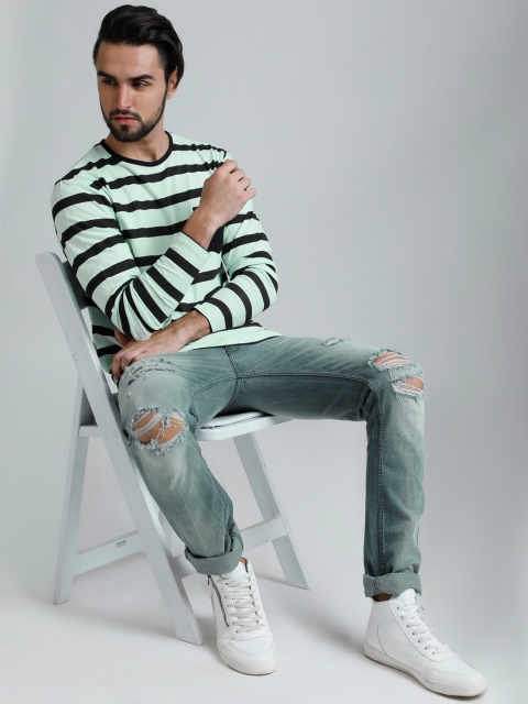 

DILLINGER Men Green Striped Round Neck T-shirt