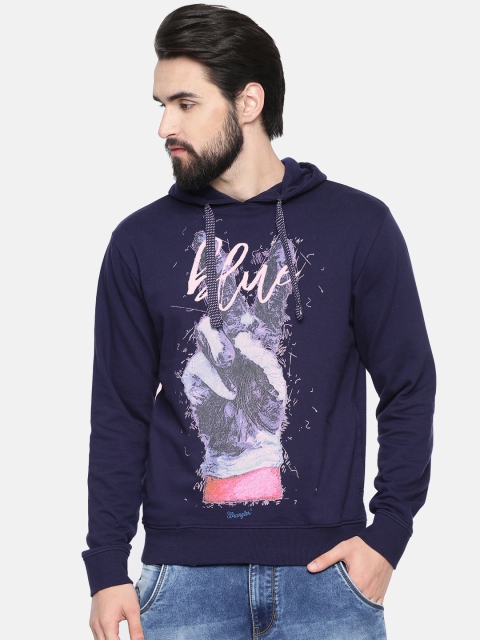 

Wrangler Men Navy Blue Printed Hooded Sweatshirt