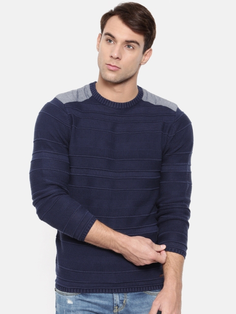 

Wrangler Men Navy Blue Striped Pullover Sweater