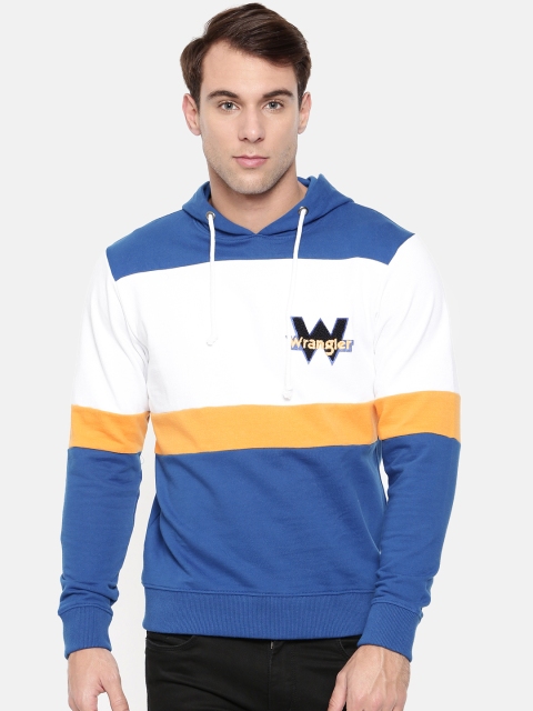 

Wrangler Men Blue & White Colourblocked Hooded Sweatshirt