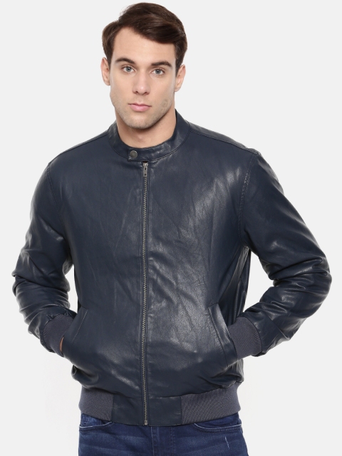 

Wrangler Men Navy Blue Solid Biker Slim Fit Jacket