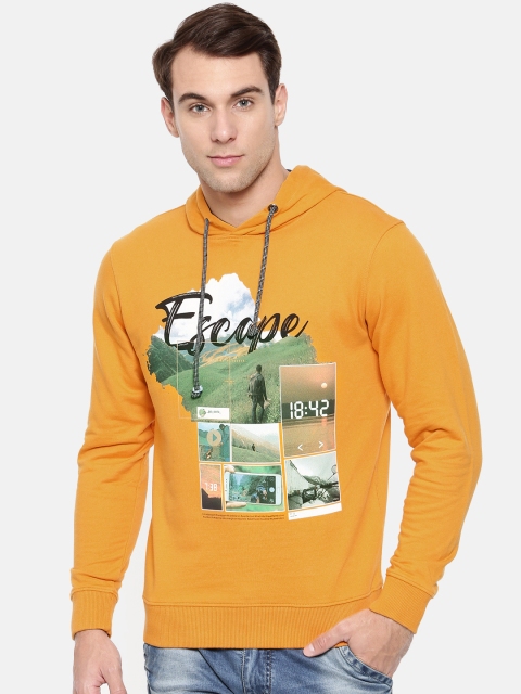 

Wrangler Men Mustard Yellow Printed Hooded Sweatshirt