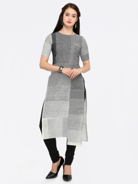 

Kvsfab Women Grey & Black Colourblocked Straight Kurta