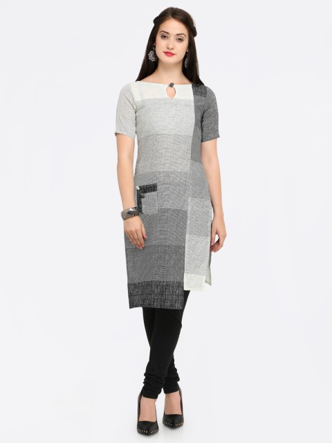

Kvsfab Women Grey & Black Colourblocked Straight Kurta