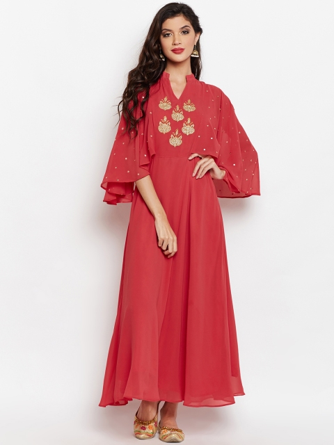 

studio rasa Women Coral Pink Block Printed Sequinned Maxi A-Line Kurta