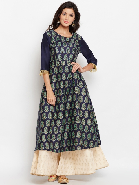 

studio rasa Women Navy Blue Block Printed A-Line Kurta